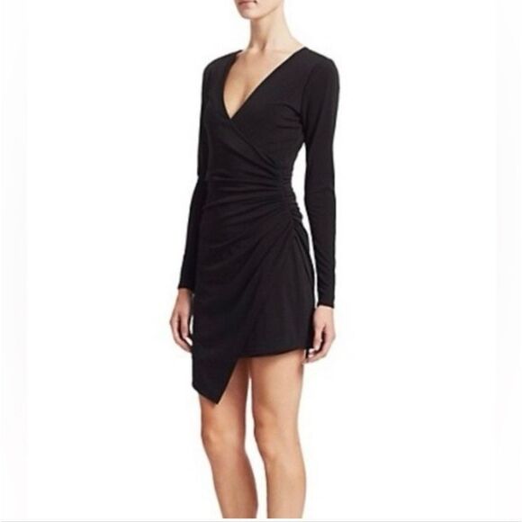 Cinq A Sept Coralie Deep V Neck Mini Dress Long Sleeve Black Size L - Picture 2 of 8